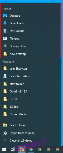 Une liste de sauts de la barre des tâches dans l'Explorateur de fichiers Windows.
