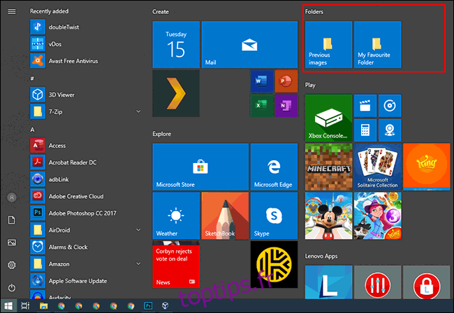 Un groupe de tuiles épinglées dans le menu Démarrer de Windows 10.