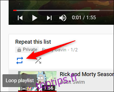 Lorsque la première vidéo se charge, cliquez sur l'icône Boucle, située sous la vidéo.