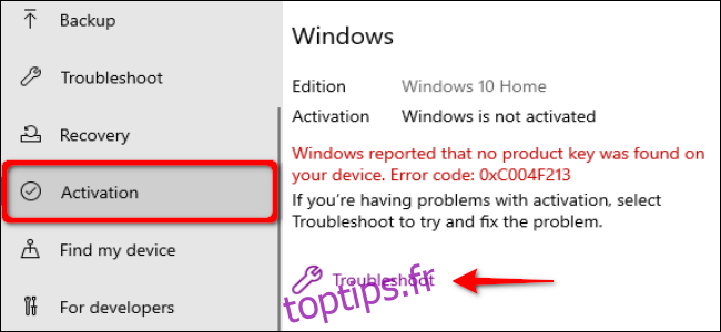 Dépannage de l'activation de Windows 10