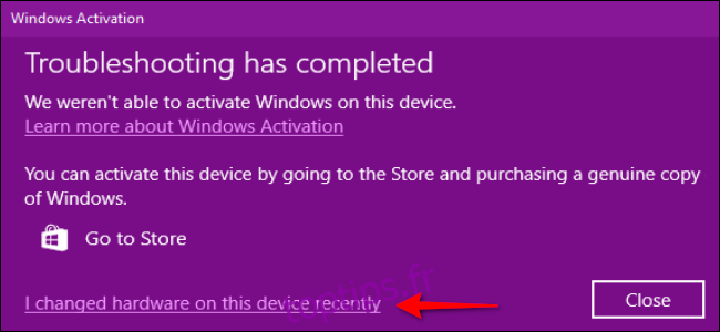 Windows 10 j'ai changé de lien matériel