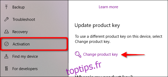 Clé de changement d'activation Windows 10