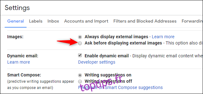 Option pour désactiver les images externes et donc le suivi des e-mails dans Gmail