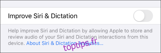 Désactivation de la collection d'historique Siri sur un iPhone.