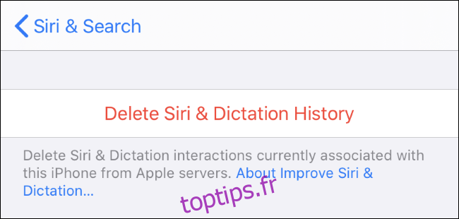 Suppression de l'historique Siri & Dictation des serveurs Apple.