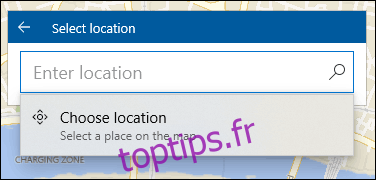 La barre de sélection de l'emplacement favori dans Windows 10 Maps