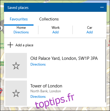 Une liste d'emplacements enregistrés dans Windows 10 Maps