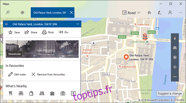 Un exemple de liste d'emplacements préférés dans Windows 10 Maps