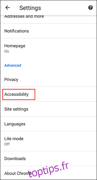 Dans les paramètres de Chrome, appuyez sur Accessibilité