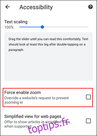 Appuyez sur Forcer l'activation du zoom dans le menu Accessibilité de Chrome