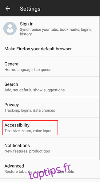 Appuyez sur Accessibilité dans le menu des paramètres de Firefox sur Android