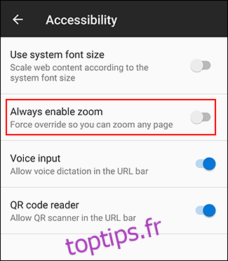 Appuyez sur toujours activer le zoom dans Firefox dans le menu d'accessibilité d'Android