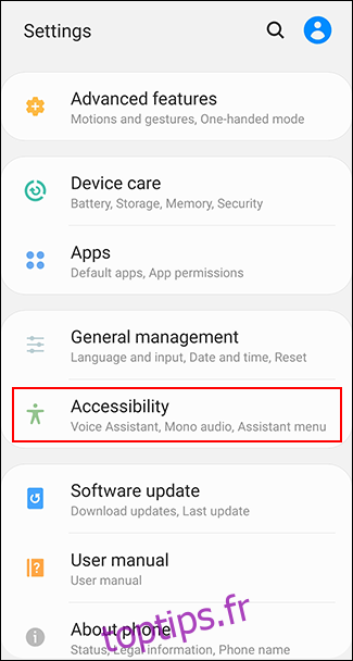 Appuyez sur Accessibilité dans le menu des paramètres Android