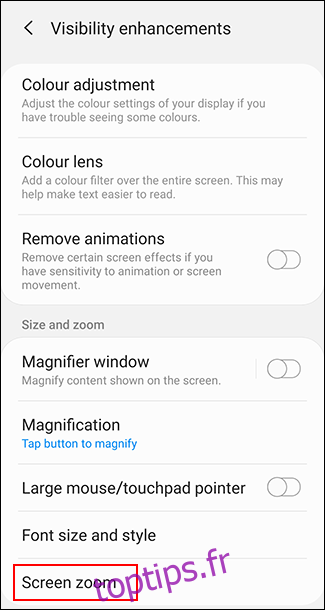 Appuyez sur Zoom de l'écran dans le menu Améliorations de la visibilité Android