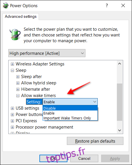 Options d'alimentation Wake Timer Desktop