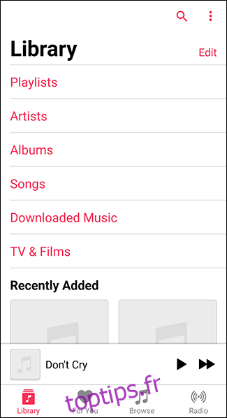 Ouvrez l'application Apple Music sur Android et appuyez sur l'application Bibliothèque