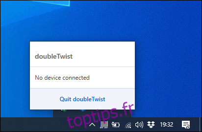 Le logiciel doubleTwist Sync sous Windows, informant l'utilisateur qu'aucun appareil n'est connecté