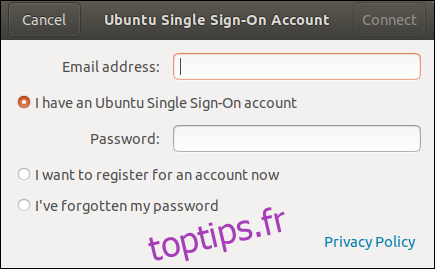 Fenêtre de dialogue Ubuntu Single Sign On