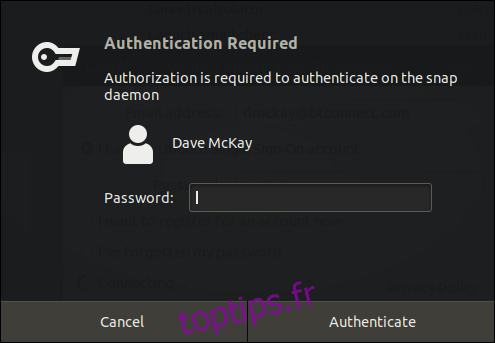 Fenêtre de dialogue d'authentification Ubuntu