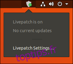 Icône et menu de la zone de notification Livepatch