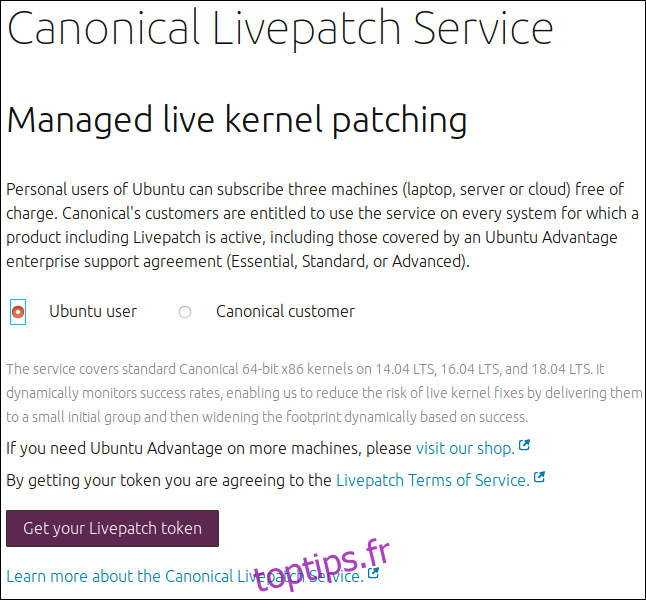 Page Web du service Canonical Livepatch