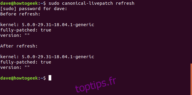 actualisation sudo canonical-livepatch dans une fenêtre de terminal