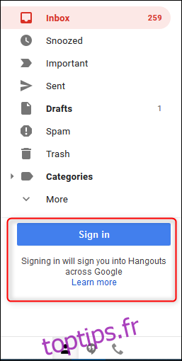 La section Google Hangouts dans la barre latérale de Gmail.