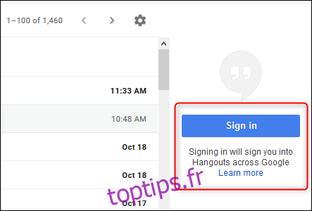 La section Google Hangouts à droite dans l'application Gmail.