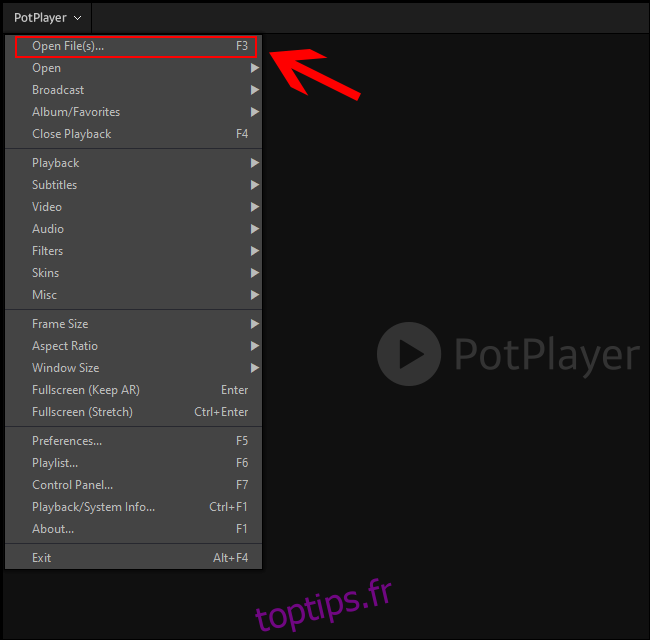Dans PotPlayer, cliquez avec le bouton droit sur l'interface, puis cliquez sur Ouvrir les fichiers
