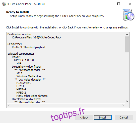 Cliquez sur Installer pour commencer l'installation de K-Lite Codec Pack