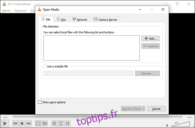 Le menu de conversion du format de fichier VLC sous Windows 10