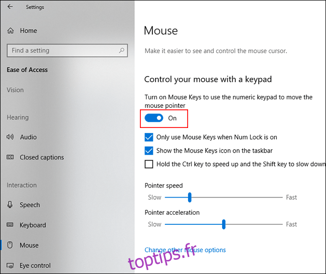 Dans la section Souris du menu Windows Ease of Access, cliquez sur le curseur pour activer MouseKeys