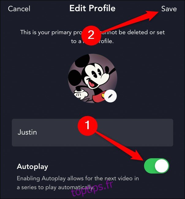 Disney + App bascule la lecture automatique, puis sélectionnez le bouton Enregistrer