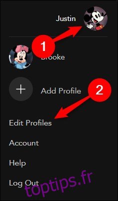 Disney + sur le Web survolez l'avatar et sélectionnez Modifier les profils