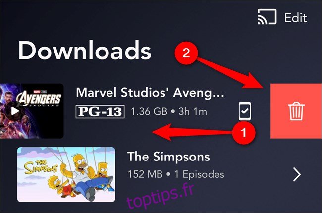 Disney + App Glissez vers la gauche sur l'élément, puis appuyez sur l'icône de suppression