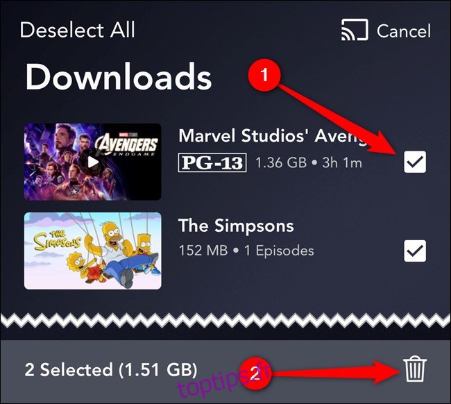 Disney + App Sélectionnez les éléments, puis appuyez sur le bouton Supprimer