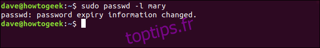 Le message de changement de données d'expiration de mot de passe dans une fenêtre de terminal.