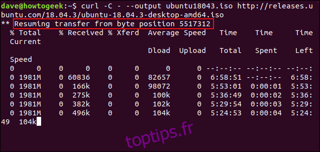curl -C - --output ubuntu18043.iso http://releases.ubuntu.com/18.04.3/ubuntu-18.04.3-desktop-amd64.iso dans une fenêtre de terminal
