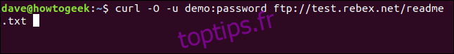 curl -O -u demo: mot de passe ftp://test.rebex.net/readme.txt dans une fenêtre de terminal