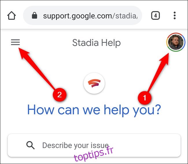 Connectez-vous à l'application Google Stadia dans votre compte Google et dans le menu Click Hamburger