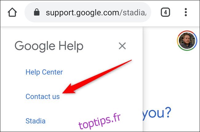 Application Google Stadia Cliquez sur le lien Contactez-nous