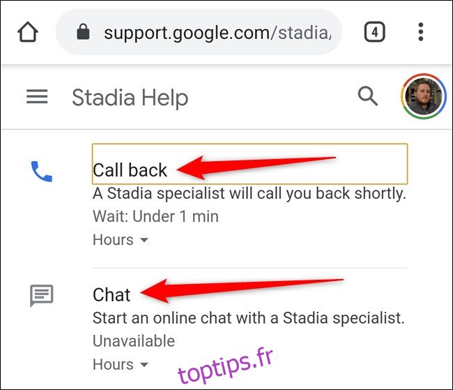 App Google Stadia Sélectionnez Rappel ou Chat
