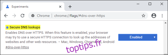 Activation des recherches DNS sécurisées via un indicateur Google Chrome.