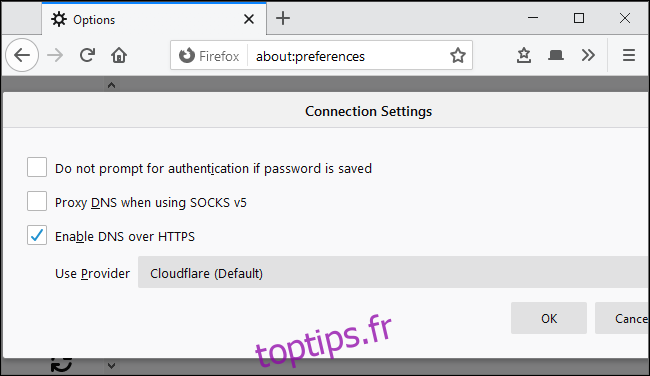 Activation du DNS sur HTTPS dans les paramètres réseau de Mozilla Firefox.