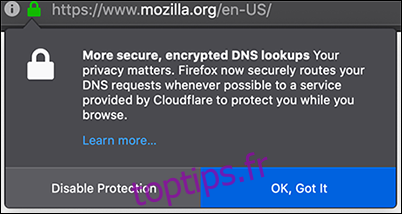 Recherches DNS cryptées par Firefox par alerte Cloudflare.