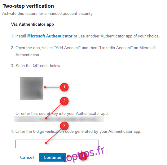 Instructions de LinkedIn pour ajouter le compte à une application d'authentification.