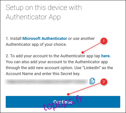 Instructions de LinkedIn pour ajouter le compte à une application d'authentification.