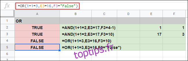 La fonction OR utilisée dans Google Sheets, sans arguments corrects, ce qui entraîne une réponse FALSE
