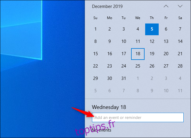 Ajout d'un événement à votre calendrier à partir du panneau de l'horloge de la barre des tâches Windows 10.