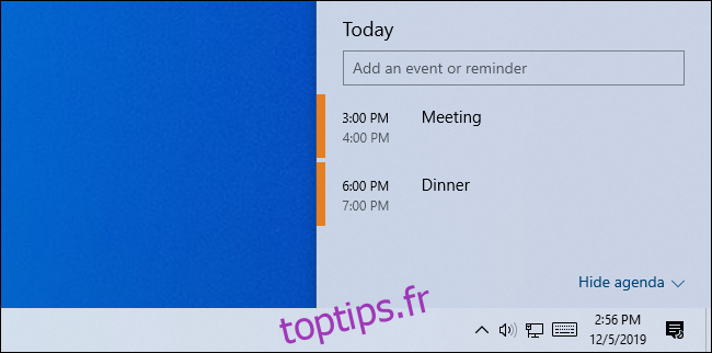 Événements du calendrier dans la fenêtre contextuelle du calendrier de Windows 10.